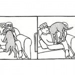 Gezeichnetes Bild. Ein Paar sitzt auf dem Sofa. Der Hund will auch hoch. Da es keinen Platz mehr hat, drängt er sich einfach